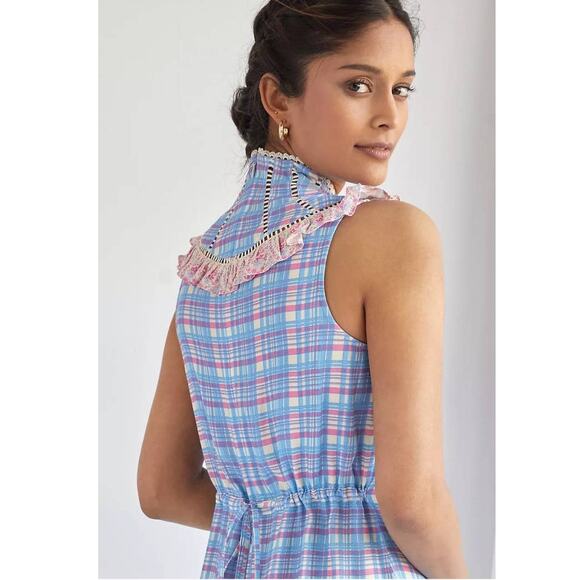 New Anthropologie Plenty By Tracy Reese Plaid Mini Dress $178 SMALL Pink/Blue - Picture 4 of 4